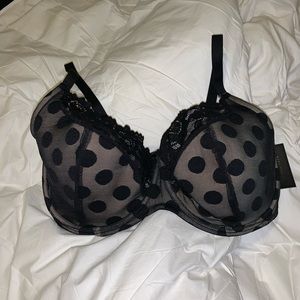 Fredrick’s of Hollywood black mesh polka dot bra 42F, NEW WITH TAGS